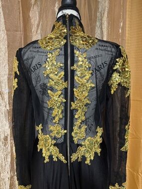 Hebeos Black Sheer Prom Dress with Gold Embroidered Appliqué